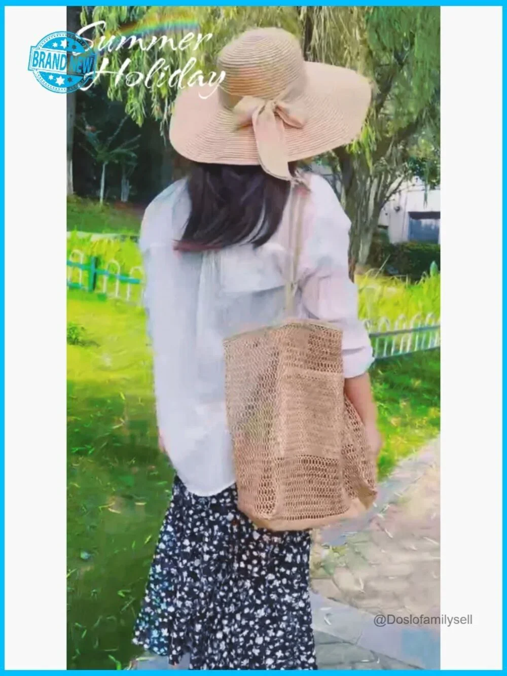 Straw Beach Bag and Hat Set Large Tote Wide Brim Sun Hat Foldable Drawstring
